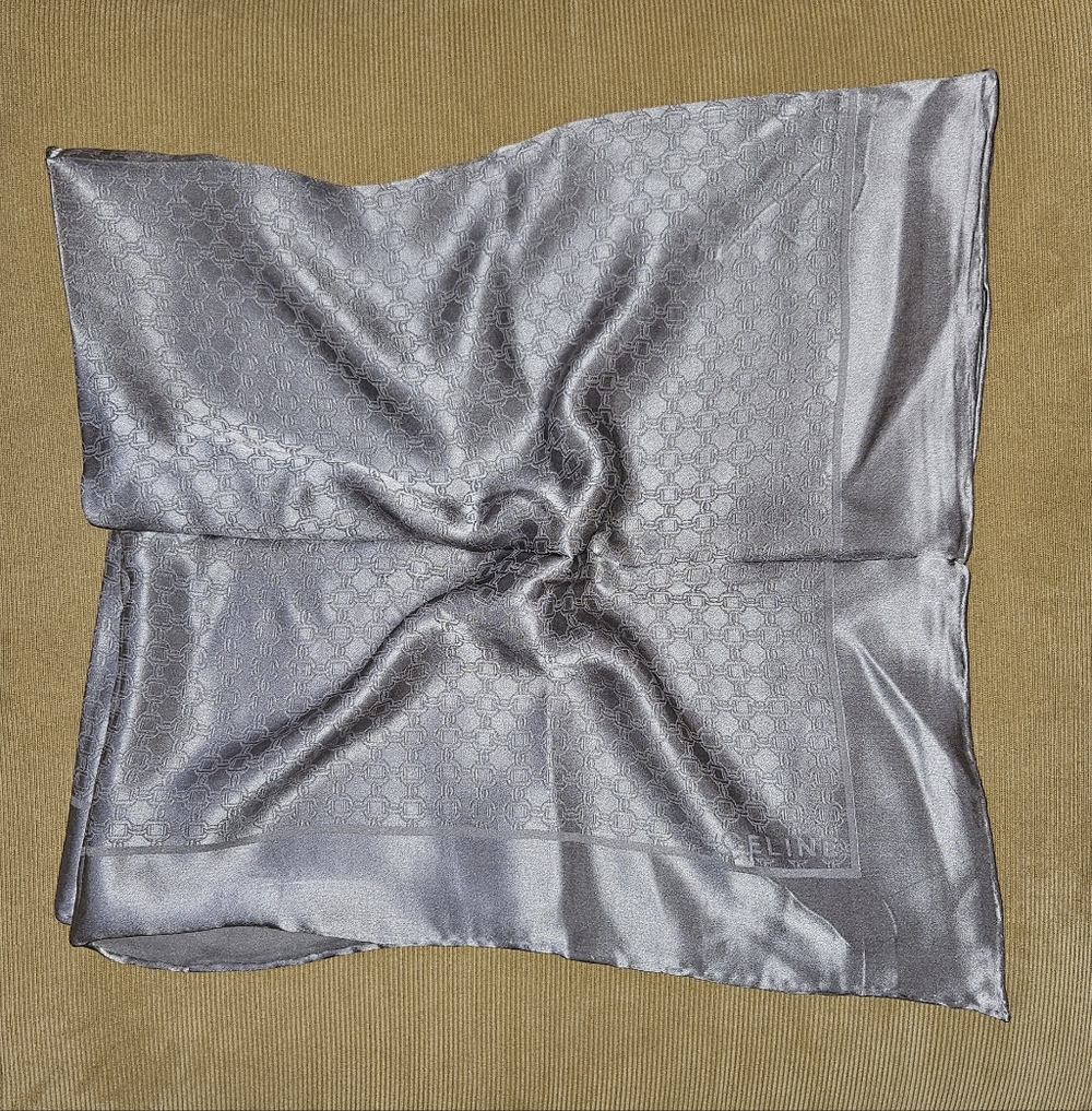 Celine Silver Gray Monogram Silk Scarf